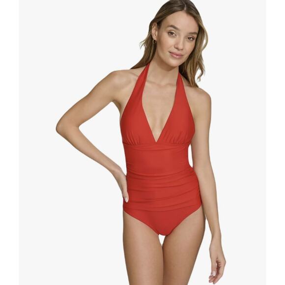 DKNY Women's XS Real Red Triangle Halter Neck One Piece Swimsuit L8-17 - Picture 1 of 7